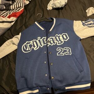 Luxxel Blue and Gray Bomber Jacket with Ribbed Collars